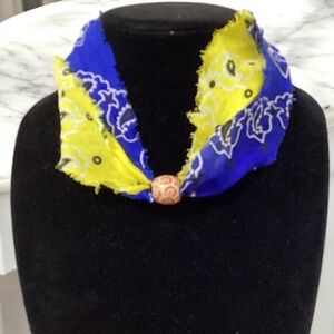 (#131) Blue and Yellow Bandanna Necklace with Bead Accent